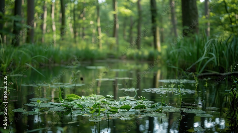 Lush wetland with diverse flora and fauna, teeming with life and natural beauty Lush wetland with diverse flora and fauna, teeming with life and natural beauty