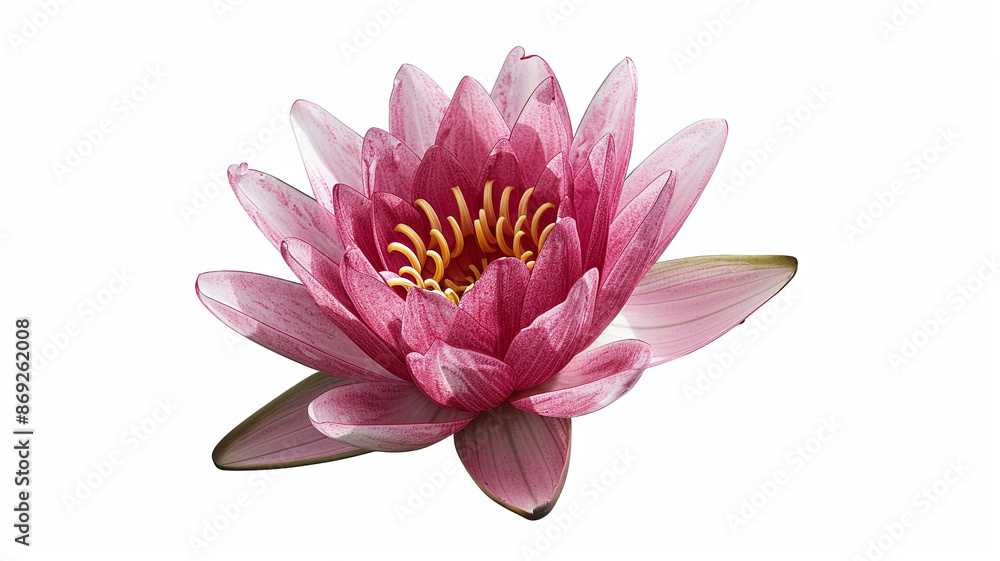 Obraz premium A pink water lily, shown from an angle to reveal its center against a white background