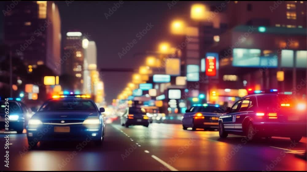 Patrol cop emergency police cars with turned on red and blue siren light on blurred night city road,4k