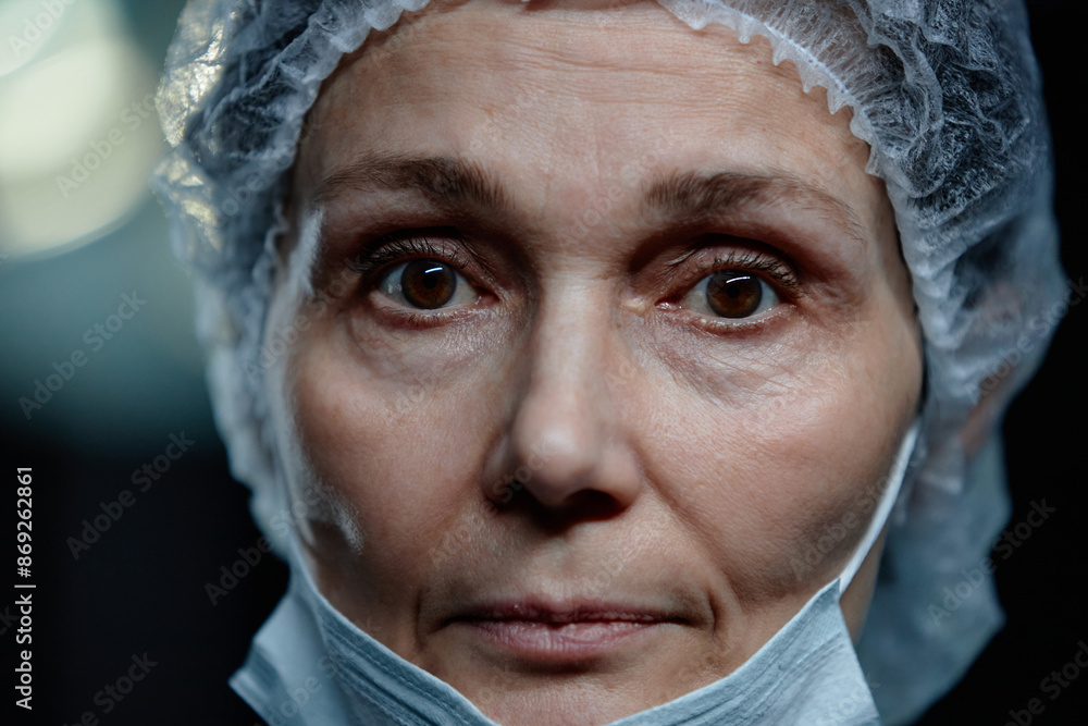 © Seventyfour - Extreme closeup portrait of female surgeon looking at camera with dramatic light in hospital