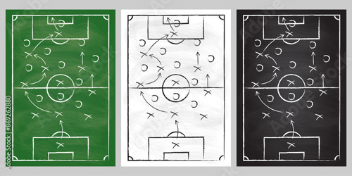 Soccer or football field set with strategy game plan. Sport court, tactic scheme board. Vector illustration.