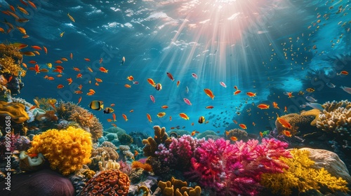 Coral reefs underwater, bursting with a variety of marine life and vibrant corals, highlighting ocean biodiversity © Attasit