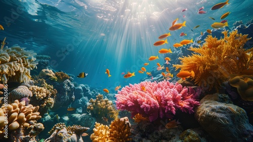 Coral reefs underwater, bursting with a variety of marine life and vibrant corals, highlighting ocean biodiversity © Attasit