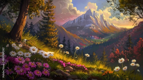 Majestic Mountain Sunrise in a Serene Forest Meadow