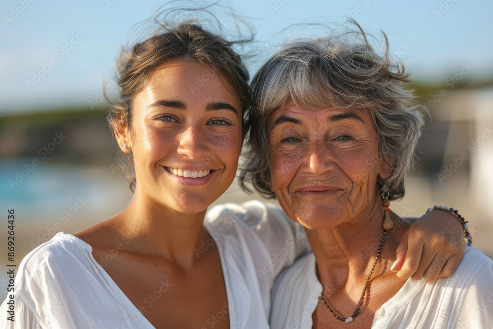 The elderly mother and young daughter are at the seaside The elderly mother and young daughter are at the seaside