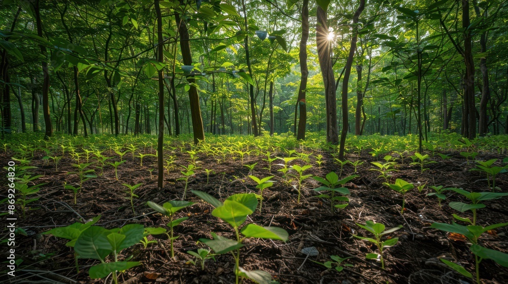 A thriving reforested area with saplings growing alongside mature trees, demonstrating successful conservation A thriving reforested area with saplings growing alongside mature trees, demonstrating successful conservation