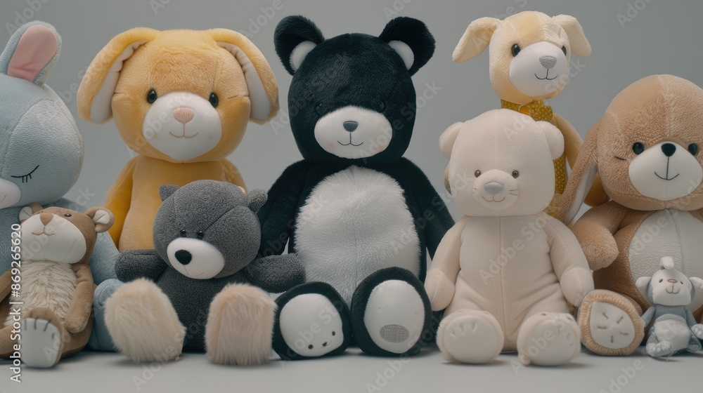 A variety of plush stuffed animal toys, including bunnies, bears, and other cute characters, are arranged on a grey background. A variety of plush stuffed animal toys, including bunnies, bears, and other cute characters, are arranged on a grey background.