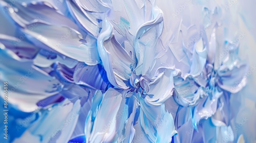 Fototapeta premium Serene Blue Floral Oil Painting on Canvas Close-Up