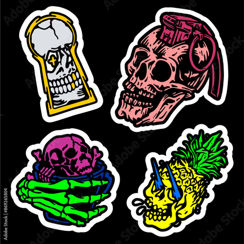 vector illustration artwork skeleton skull grim reaper set icon doodle contour sticker. Can be used as Logo, Brands, Mascots, tshirt, sticker,patch and Tattoo design.