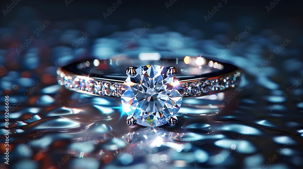 Diamond ring placed on a reflective surface background Diamond ring placed on a reflective surface background
