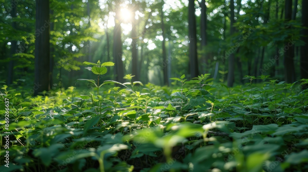 Fototapeta premium A forest rejuvenation scene with diverse flora and fauna, highlighting the importance of reforestation