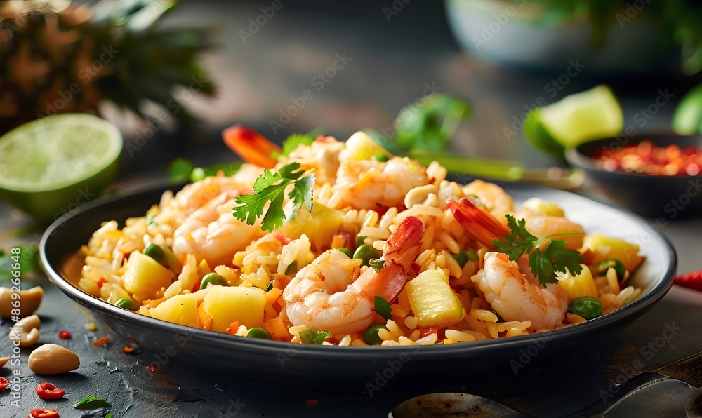 Thai fried rice with shrimps and pineapple, Generative AI Thai fried rice with shrimps and pineapple, Generative AI