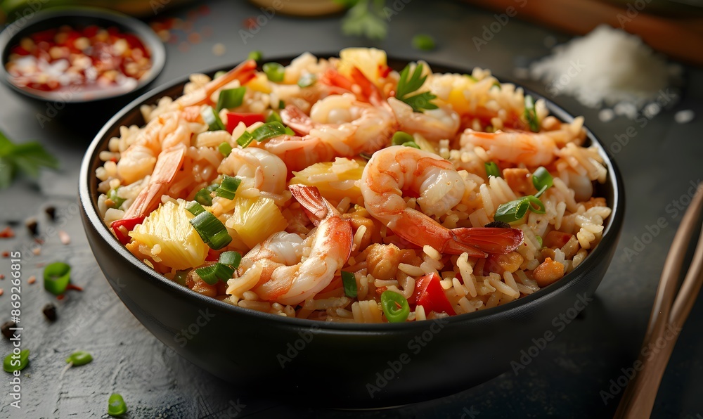 Thai fried rice with shrimps and pineapple, Generative AI Thai fried rice with shrimps and pineapple, Generative AI