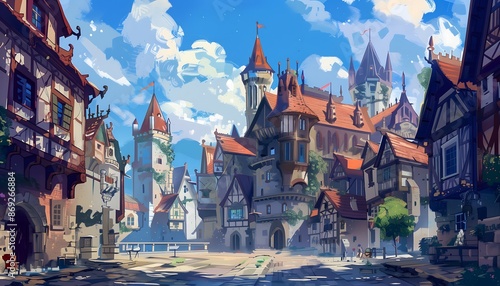 A digital illustration of the city center of a medieval town
