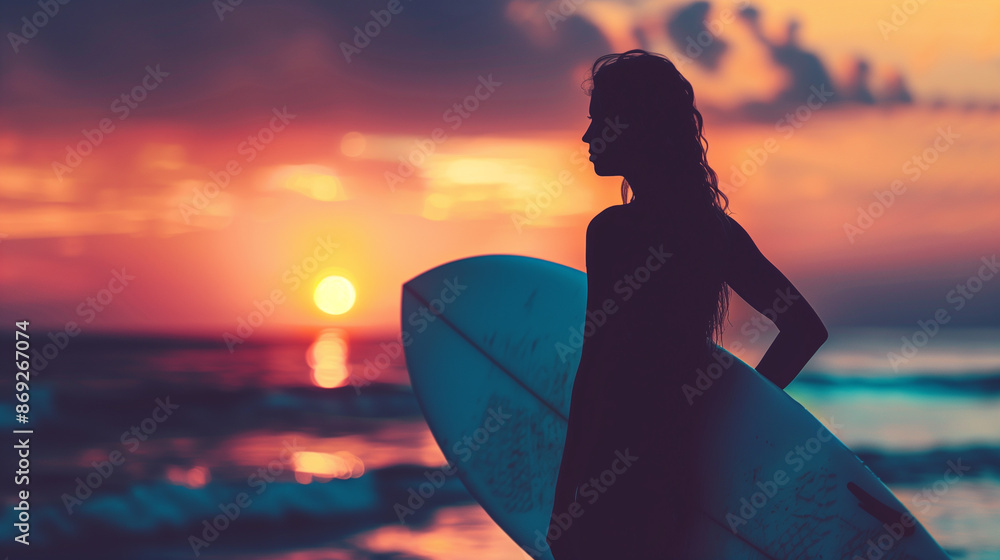 Fototapeta premium A beautiful surfer girl stands on the beach at sunset, holding surfboard. Vibrant colors of the setting sun illuminate her silhouette, capturing the essence of surfing adventure, and outdoor Lifestyle