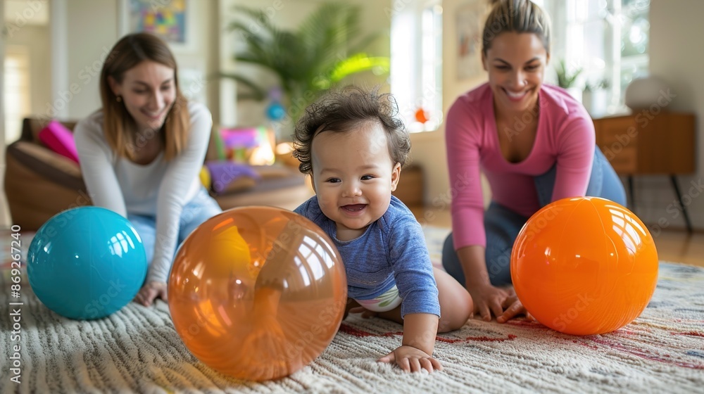 Fototapeta premium Joyful Baby Movement Class - Parents and Infants Bonding with Fun Activities