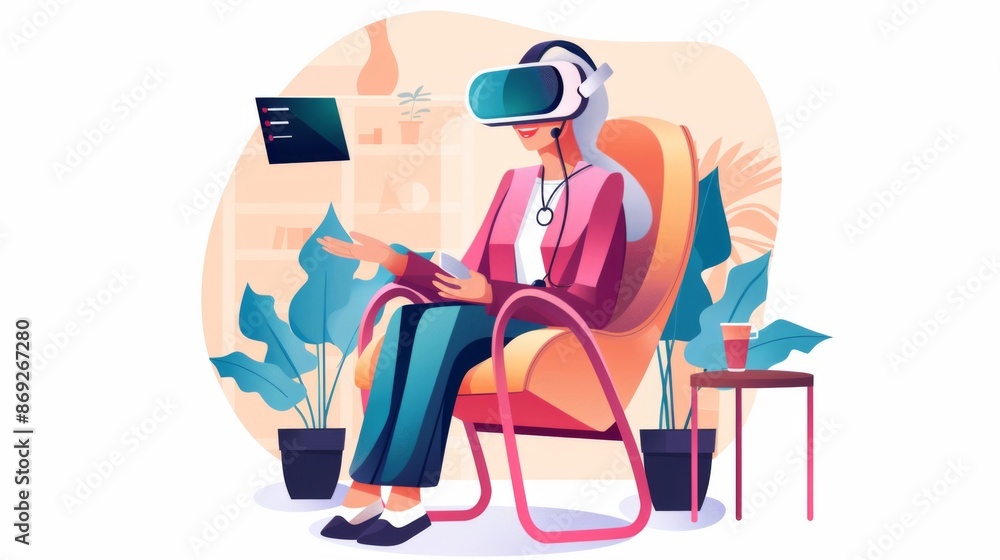 Woman Using Virtual Reality Headset in Modern Living Room with Plants and Coffee Table