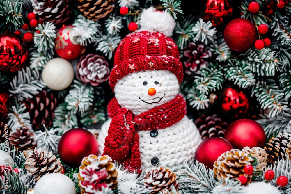 Crochet snowman with red hut and scarf. Christmas season. Pine leaves, red balls and pine cones decoration Crochet snowman with red hut and scarf. Christmas season. Pine leaves, red balls and pine cones decoration