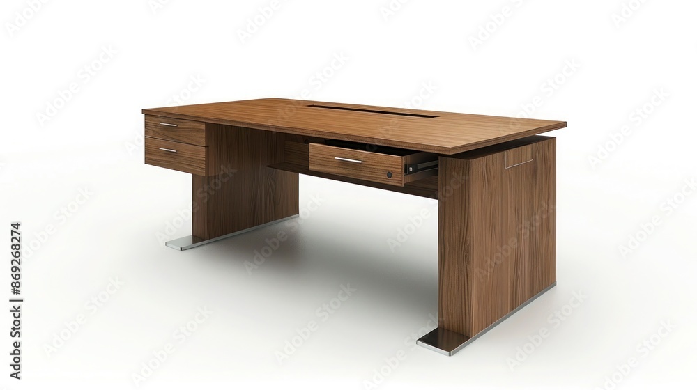 A modern wooden office desk with clean lines, featuring a built-in drawer and cable management system, isolated on a pure white background. A modern wooden office desk with clean lines, featuring a built-in drawer and cable management system, isolated on a pure white background.