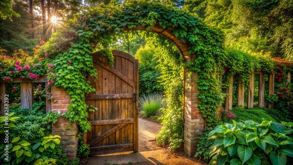 Vibrant greenery surrounds a rustic arched wooden gate, adorned with climbing vines, leading to a serene and mystical hidden garden paradise. Vibrant greenery surrounds a rustic arched wooden gate, adorned with climbing vines, leading to a serene and mystical hidden garden paradise.