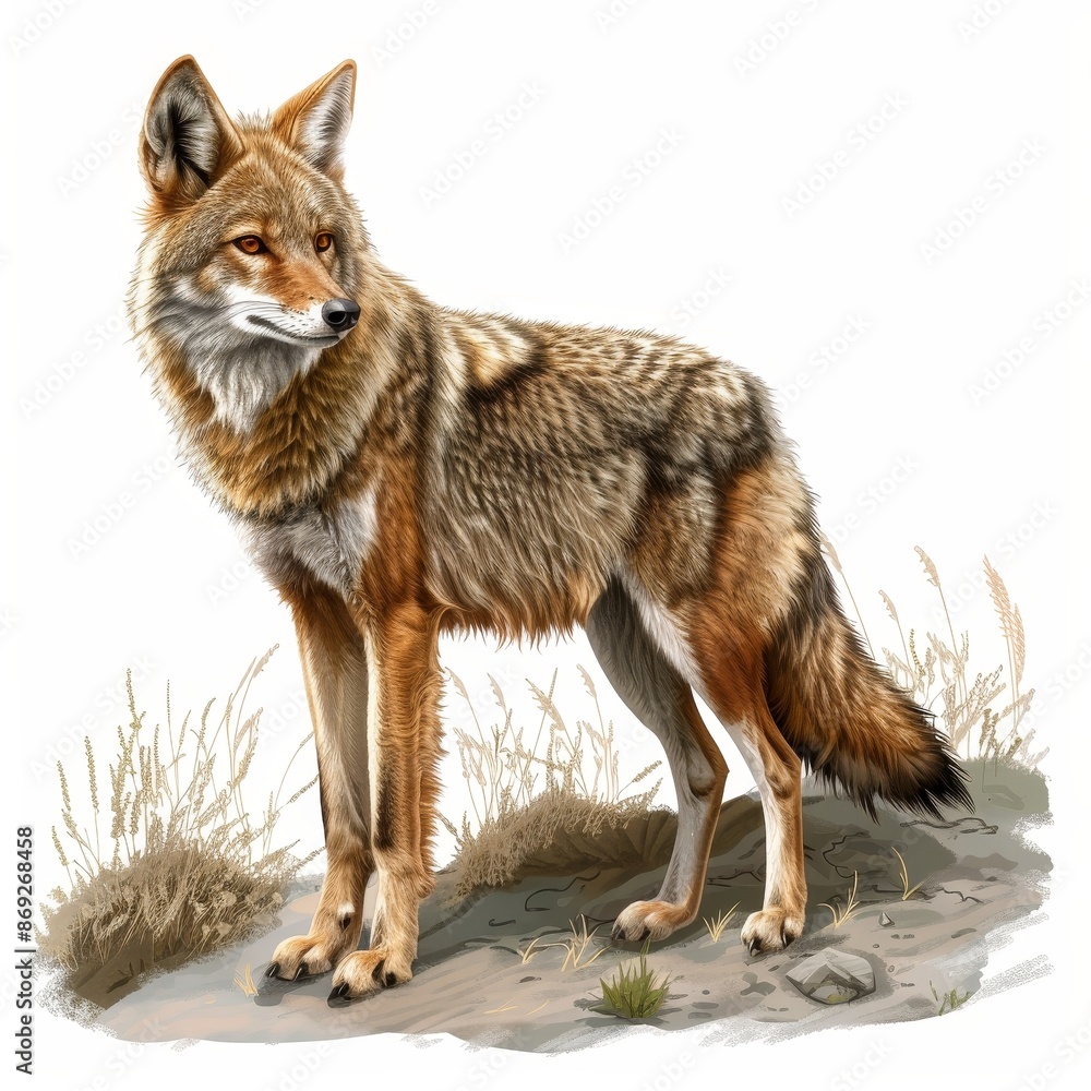 Fototapeta premium A coyote is standing in a field with tall grass