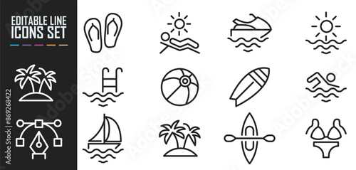 Set of editable icons on the theme of summer holidays.