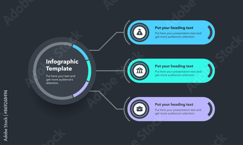 Modern flowchart infographic template with three choices - dark version. Presentation diagram with icons and places forn your texts.