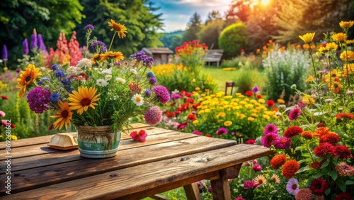 Vibrant colorful flowers bloom in a serene garden surrounded by lush greenery and natural beauty.