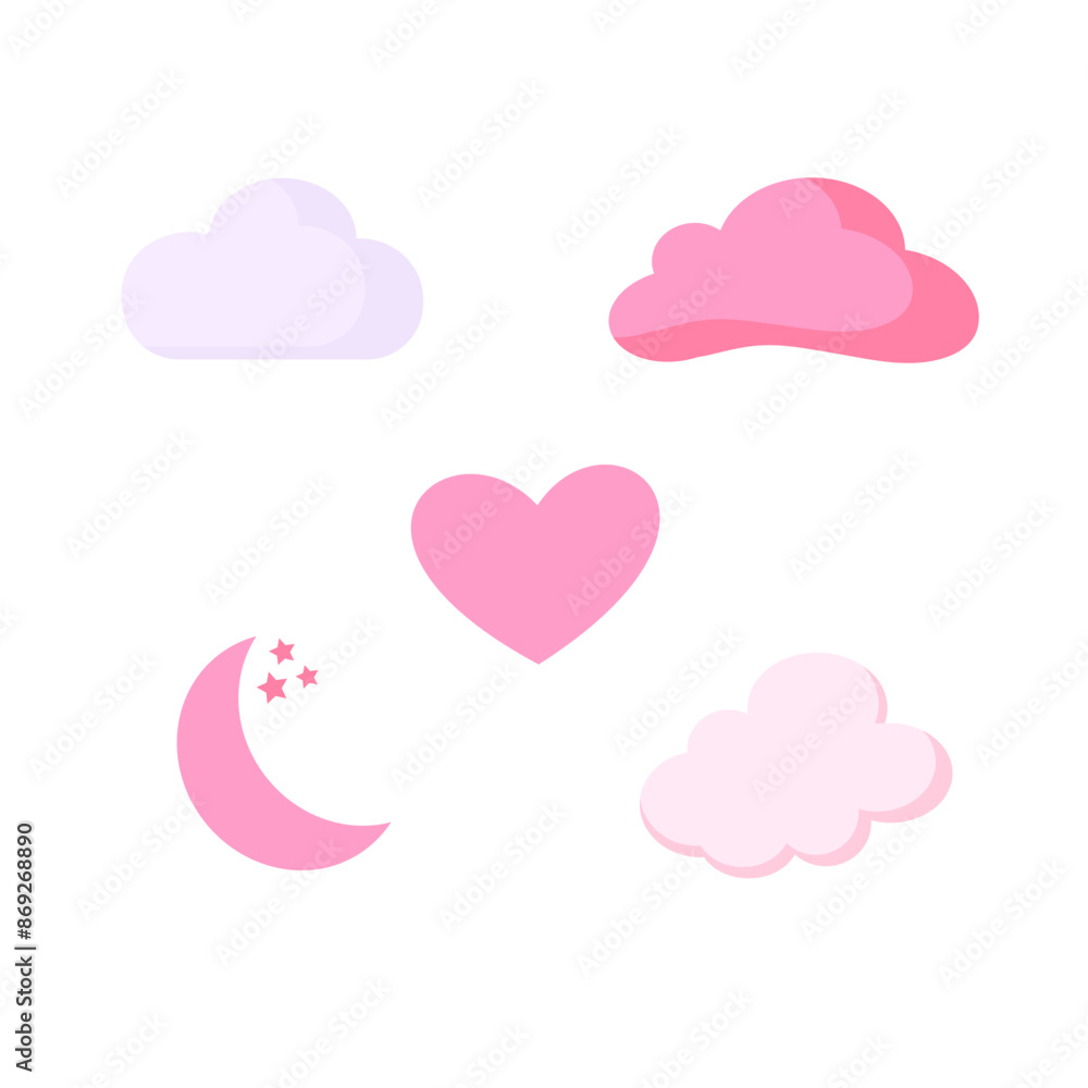 Hand drawn vector illustration of a cute funny cloud and moon decoration with stars. Isolated objects on white background. Flat style design. Concept for children print. Hand drawn vector illustration of a cute funny cloud and moon decoration with stars. Isolated objects on white background. Flat style design. Concept for children print.