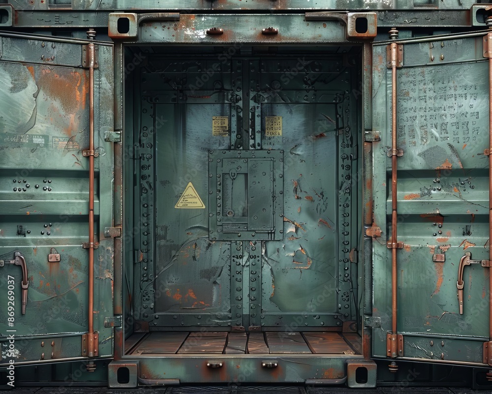 Open cargo container, metallic textures, high contrast, detailed, photo realism Open cargo container, metallic textures, high contrast, detailed, photo realism