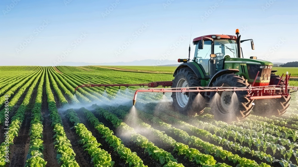 Fototapeta premium A tractor sprays pesticide on a field of crops during the day