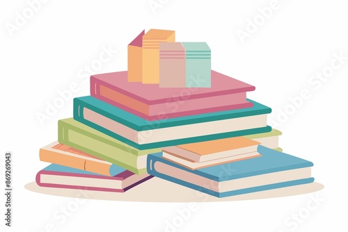 curated selection of pastel-colored books and journals stacked on white background, evoking sense of quiet contemplation and reading., contemplation, books