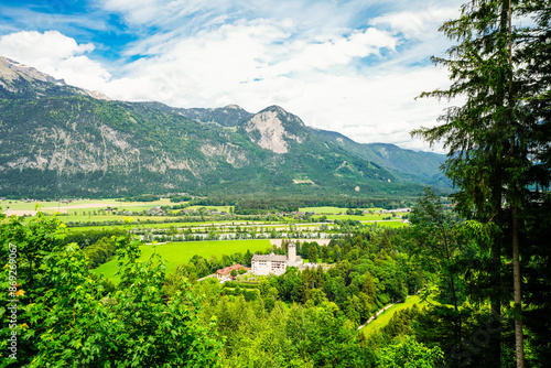 View of Matzen Castle and the Sonnwendjoch. Landscape in Tyrol with a view of the mountains and the surrounding nature.
 photo