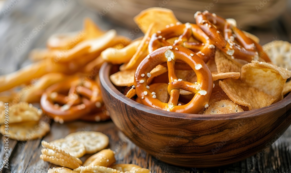 Salty snacks such as pretzels, chips, and crackers, Generative AI Salty snacks such as pretzels, chips, and crackers, Generative AI