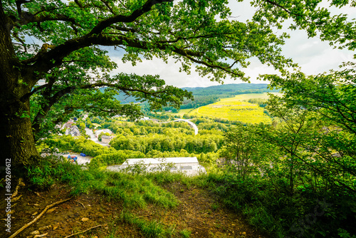 View from the Oestrich castle hill near Iserlohn. Landscape with green nature and mountains.
 photo