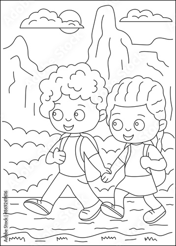 hiking outdoor camping coloring book page