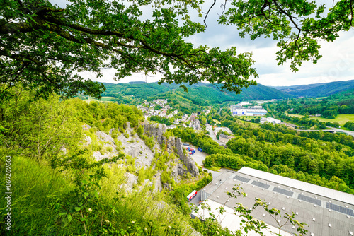 View from the Oestrich castle hill near Iserlohn. Landscape with green nature and mountains.
 photo