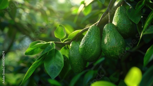 Wallpaper Mural A cluster of ripe green avocados hang from a tree branch, ready to be harvested Torontodigital.ca