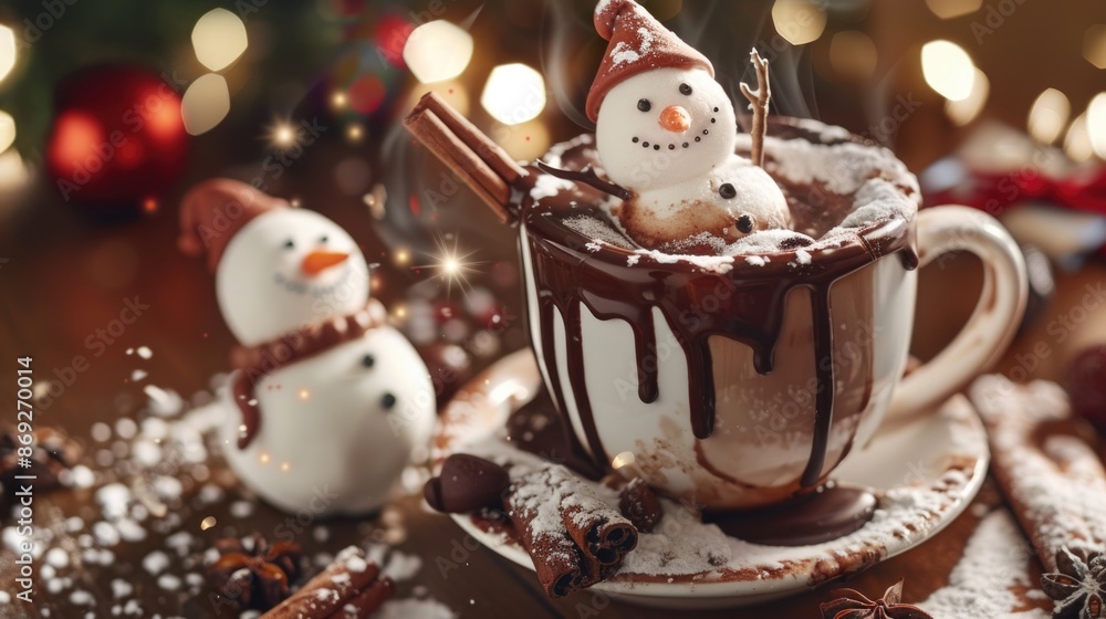 A warm cup of hot chocolate with marshmallows and a snowman, perfect for a winter scene A warm cup of hot chocolate with marshmallows and a snowman, perfect for a winter scene