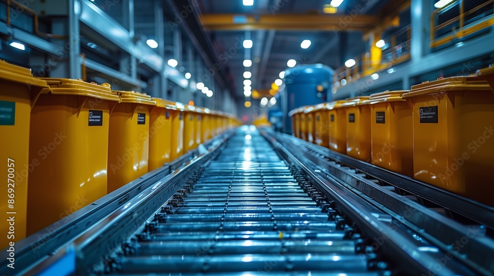 Conveyor belt with industrial containers. Conveyor belt system transporting yellow industrial containers in a modern factory, demonstrating efficient logistics and automation. Conveyor belt with industrial containers. Conveyor belt system transporting yellow industrial containers in a modern factory, demonstrating efficient logistics and automation.