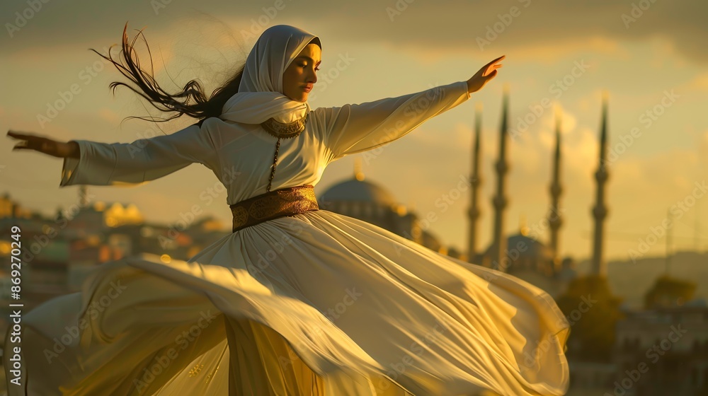 Close-up of a Turkish Whirling Dervish mid-spin, set against historic Istanbul architecture.