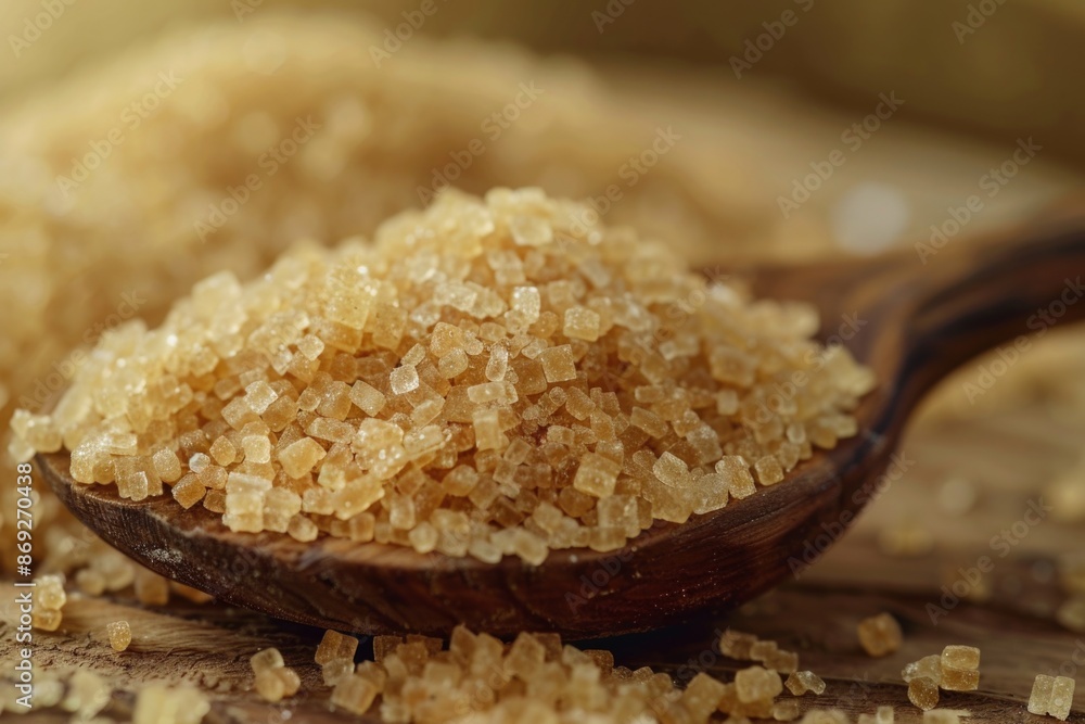 A spoon filled with brown sugar sits on a wooden table, ready for use A spoon filled with brown sugar sits on a wooden table, ready for use