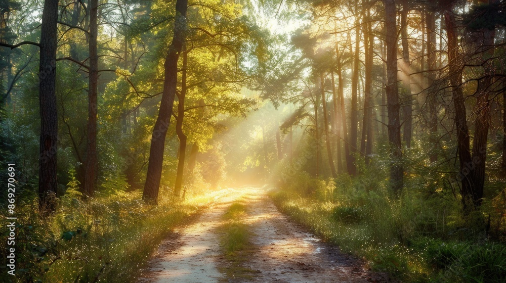 Fototapeta premium Dirt road with sunlight filtering through trees, suitable for outdoor and nature-related uses