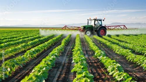 A tractor sprays pesticide on a field of crops during the day
