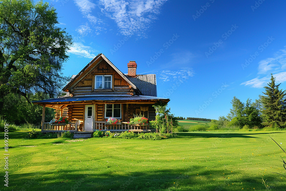 A picturesque log cabin in a lush green field under a bright blue sky. The cabin is surrounded by trees and flowers, creating a serene and peaceful countryside scene. A picturesque log cabin in a lush green field under a bright blue sky. The cabin is surrounded by trees and flowers, creating a serene and peaceful countryside scene.