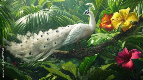 An ethereal 3D depiction of a white peacock sitting on a lush green branch, with vibrant tropical flowers and broad leaves enhancing the scenea??s natural beauty. photo