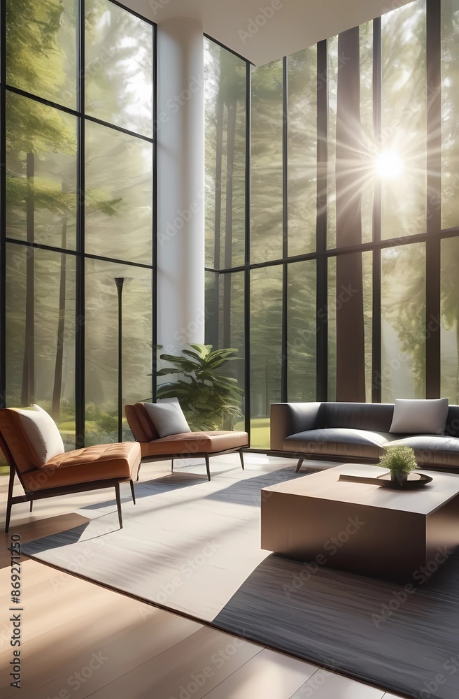Modern living room with large windows and beautiful woods behind them