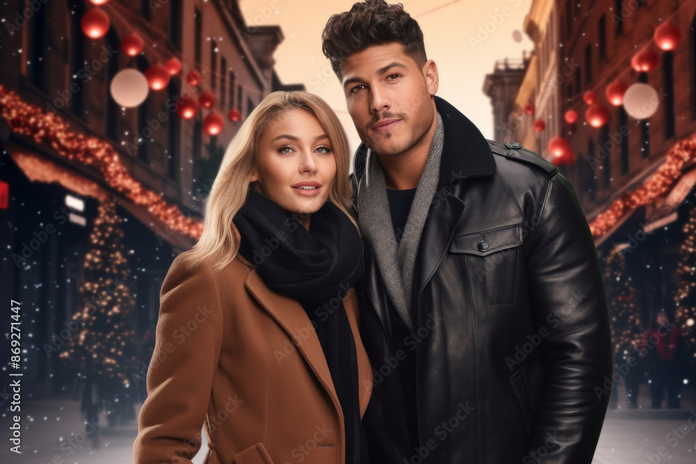 Happy couple standing in a festive street with holiday lights and decorations, both wearing winter coats. Happy couple standing in a festive street with holiday lights and decorations, both wearing winter coats.