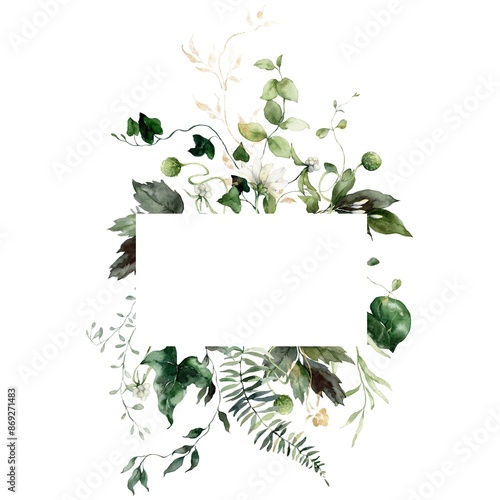 Watercolor floral gold frame featuring flowers, buds, fern and herbs. Hand-drawn composition of a plant bouquet on a white background. An outdoor illustration for design, printing, fabric background. photo
