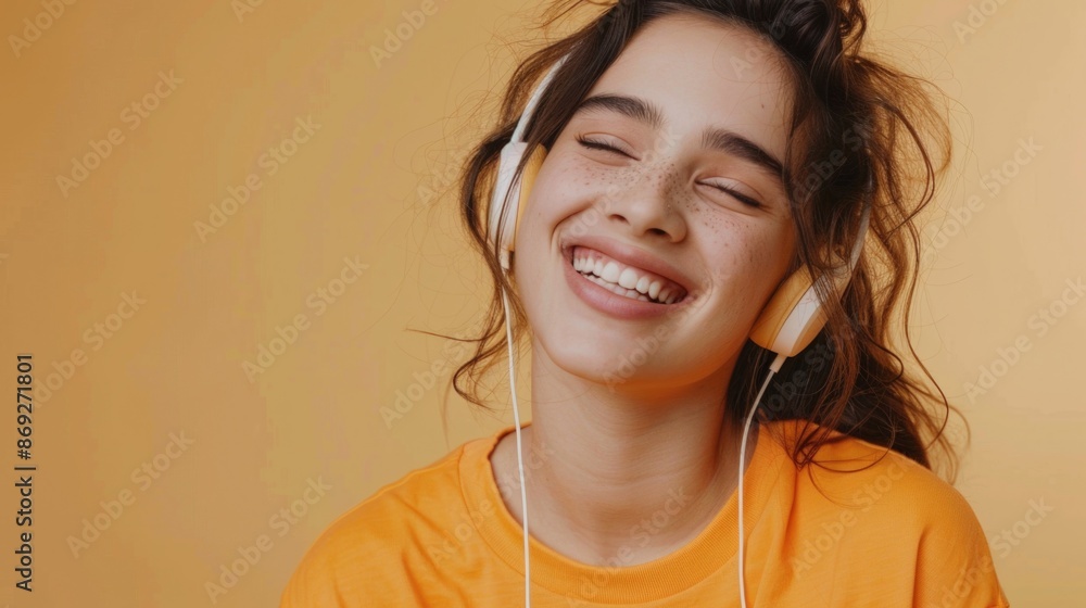 A young girl enjoying music with headphones on, suggesting relaxation or entertainment A young girl enjoying music with headphones on, suggesting relaxation or entertainment